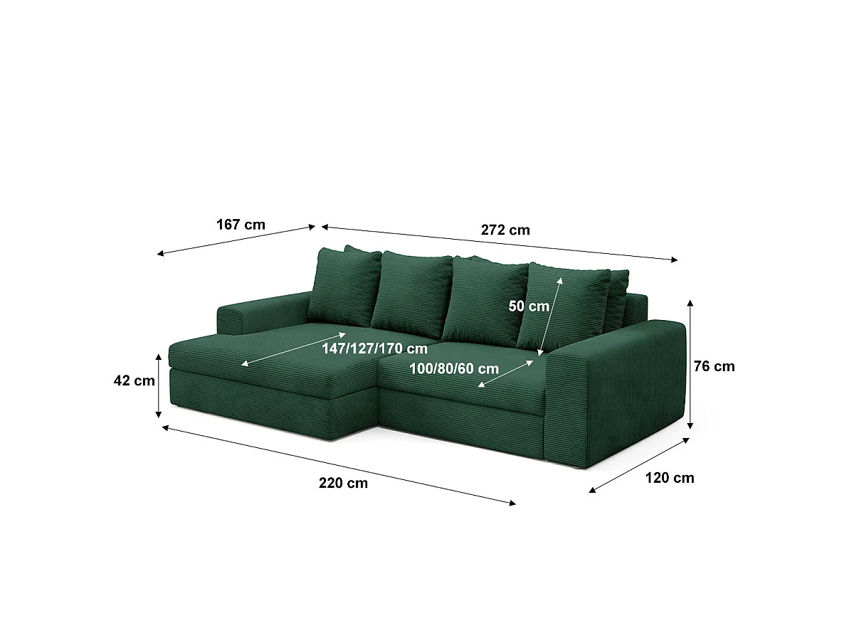 Canapé d'angle gauche convertible 3 places avec coffre en tissu vert sapin PAOLA