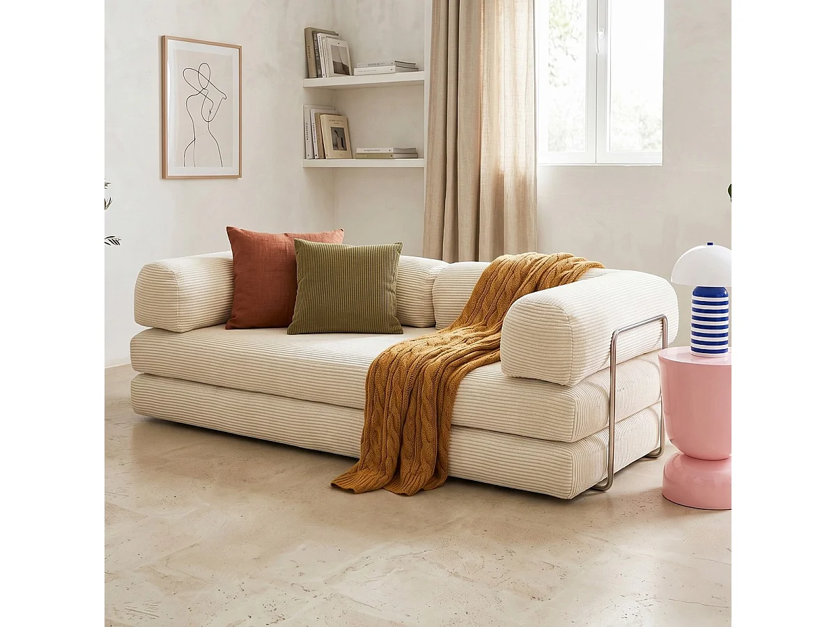 Canapé convertible compressé 3 places en velours côtelé beige - Buddy