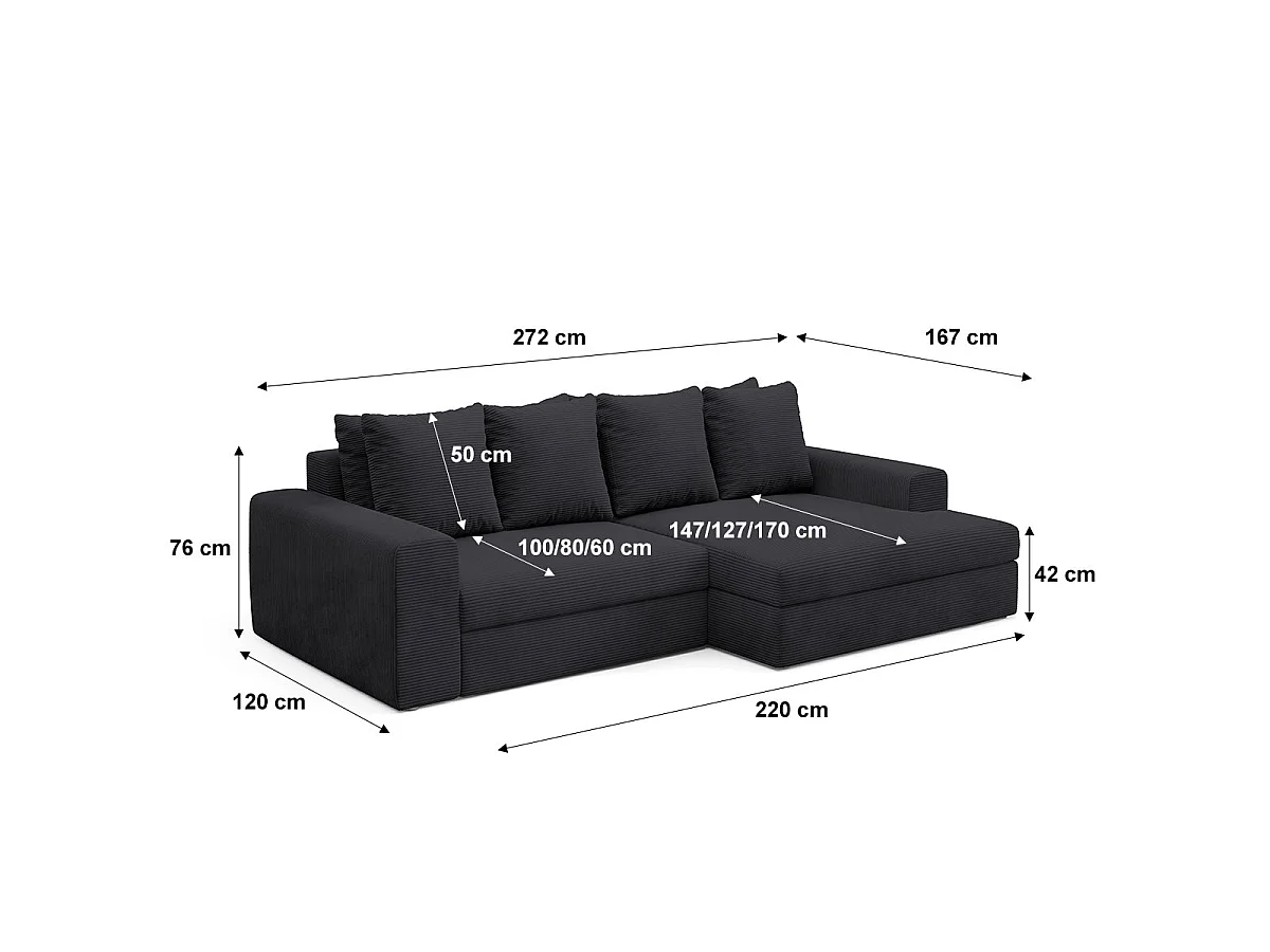 Canapé d'angle droit convertible 3 places avec coffre en tissu noir PAOLA