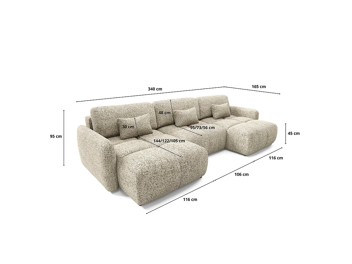 Canapé convertible 5 places avec coffre en tissu chiné beige VITTORIA