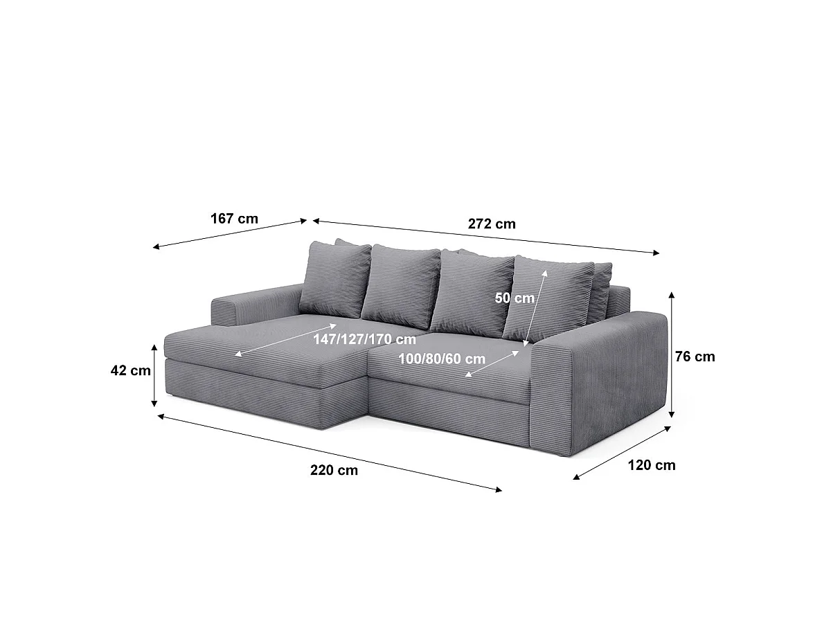Canapé d'angle gauche convertible 3 places avec coffre en tissu gris clair PAOLA
