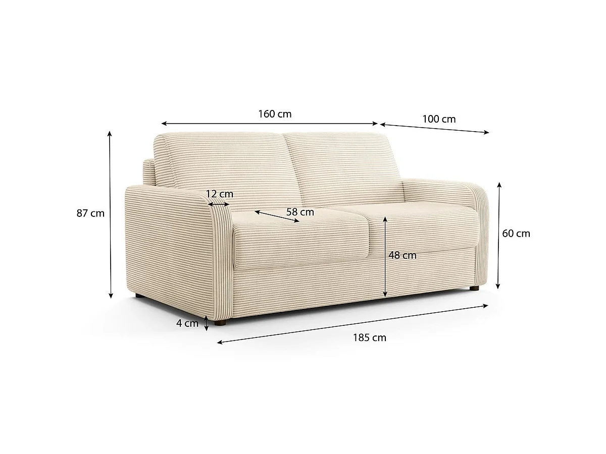 Canapé droit convertible 3 places en velours côtelé beige - ouverture express - Lumio