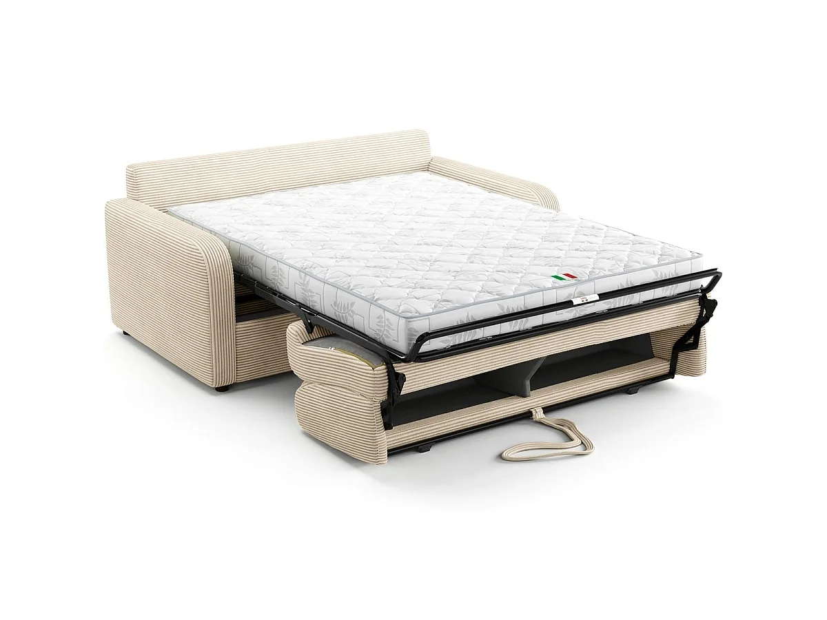 Canapé droit convertible 3 places en velours côtelé beige - ouverture express - Lumio
