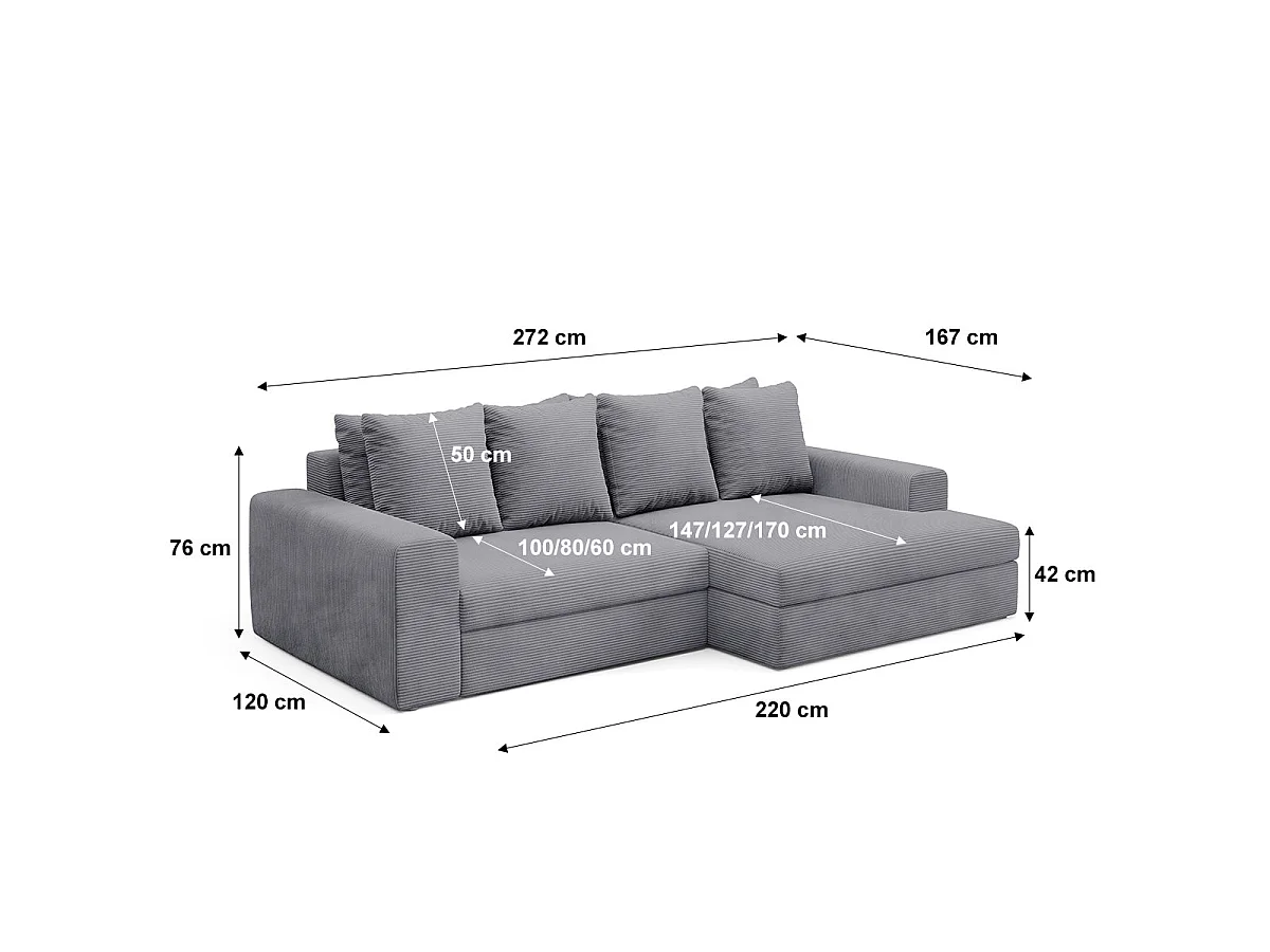Canapé d'angle droit convertible 3 places avec coffre en tissu gris clair PAOLA
