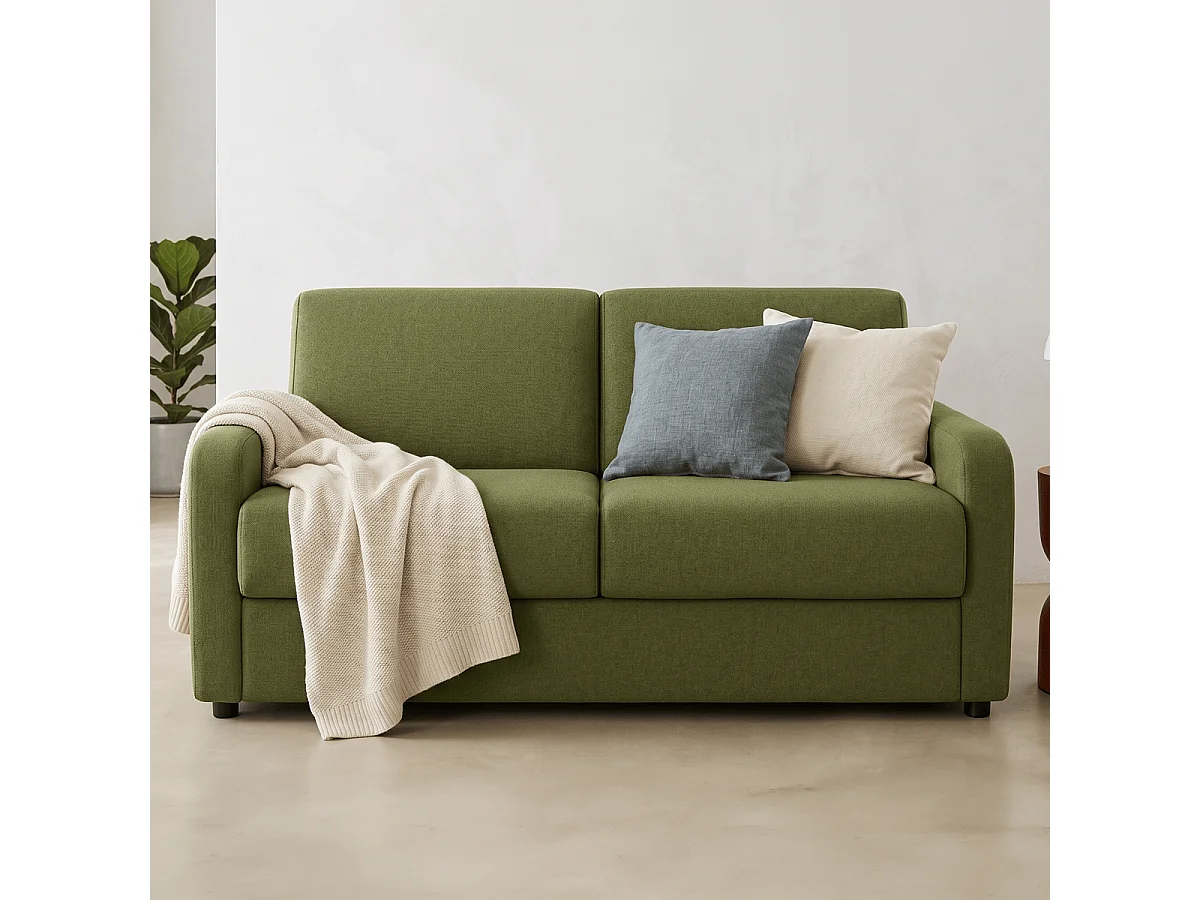 Canapé droit convertible 3 places en tissu chenille vert olive - ouverture express - Lumio