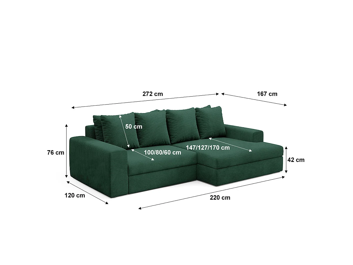 Canapé d'angle droit convertible 3 places avec coffre en tissu vert sapin PAOLA