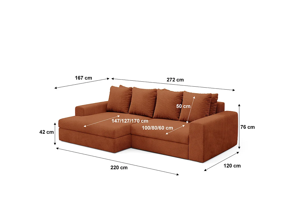 Canapé d'angle gauche convertible 3 places avec coffre en tissu rouge PAOLA