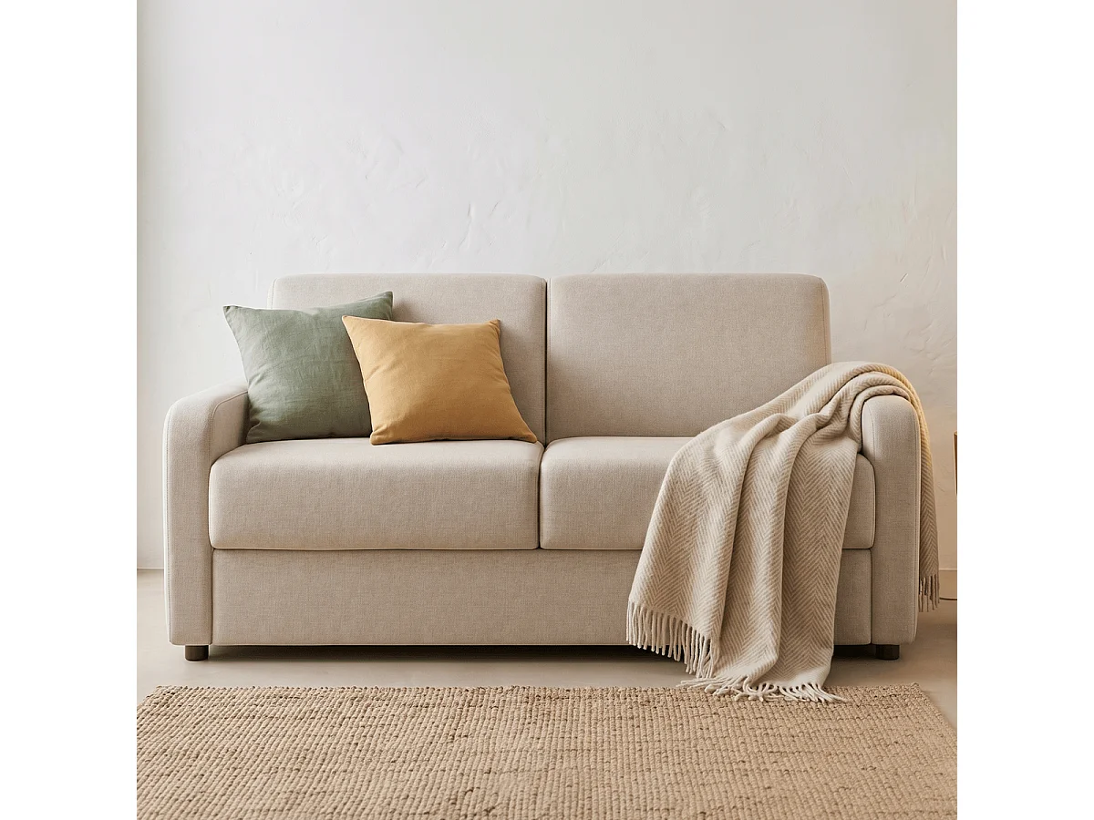 Canapé droit convertible 3 places en tissu chenille beige - ouverture express - Lumio