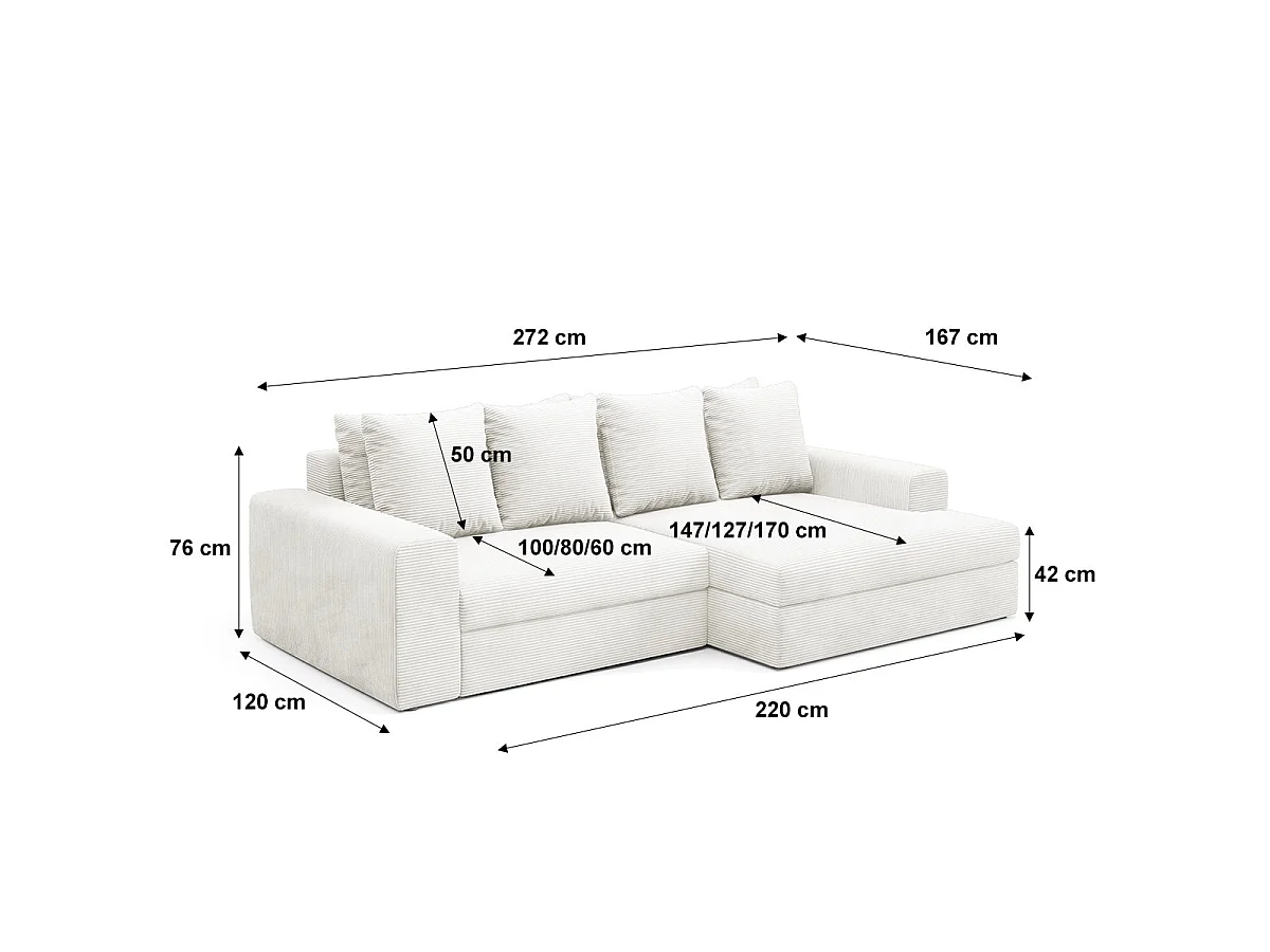 Canapé d'angle droit convertible 3 places avec coffre en tissu blanc PAOLA