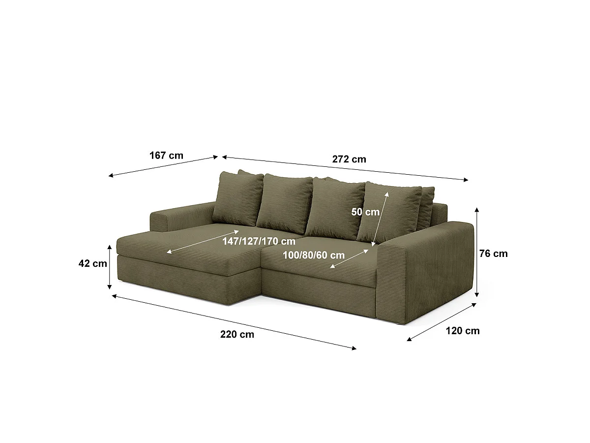 Canapé d'angle gauche convertible 3 places avec coffre en tissu vert PAOLA