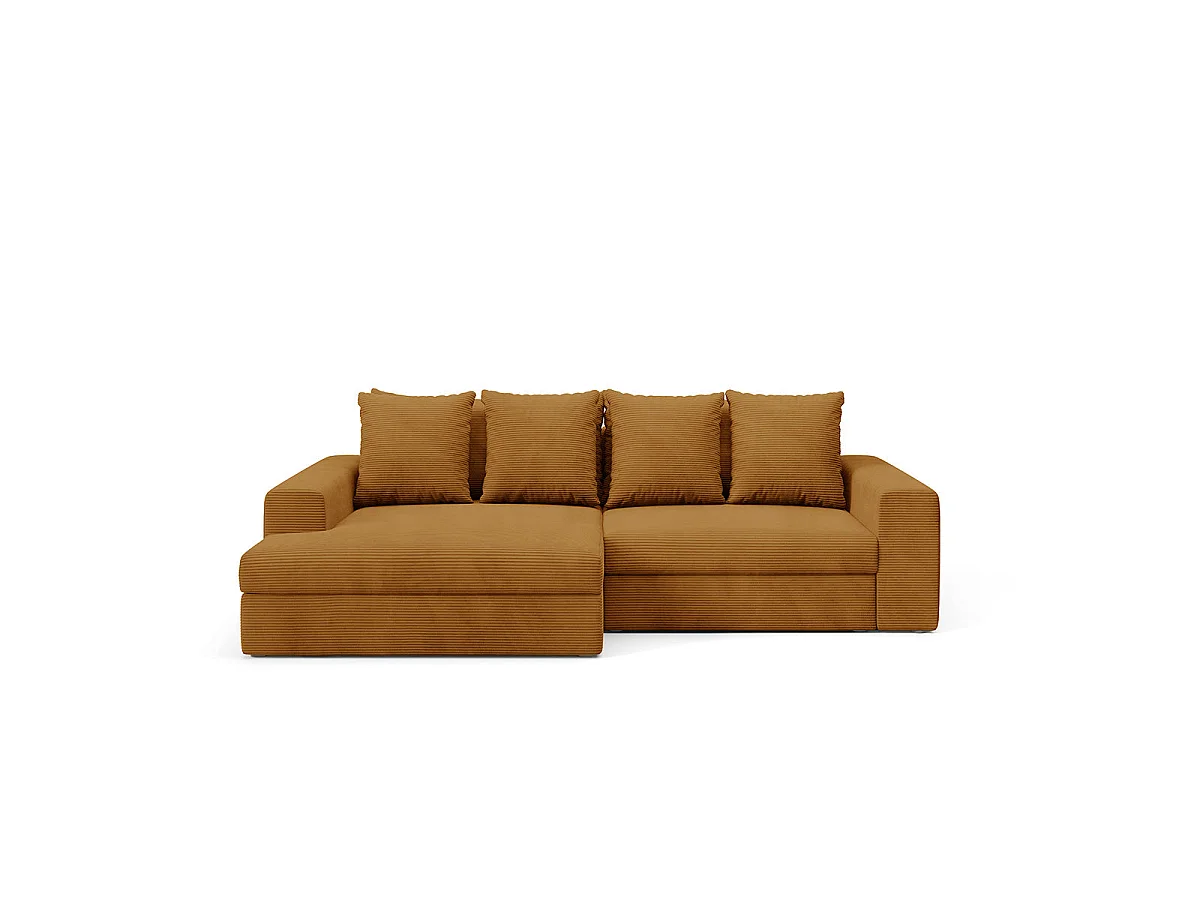 Canapé d'angle gauche convertible 3 places avec coffre en tissu jaune moutarde PAOLA