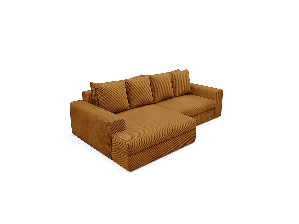 Canapé d'angle gauche convertible 3 places avec coffre en tissu jaune moutarde PAOLA
