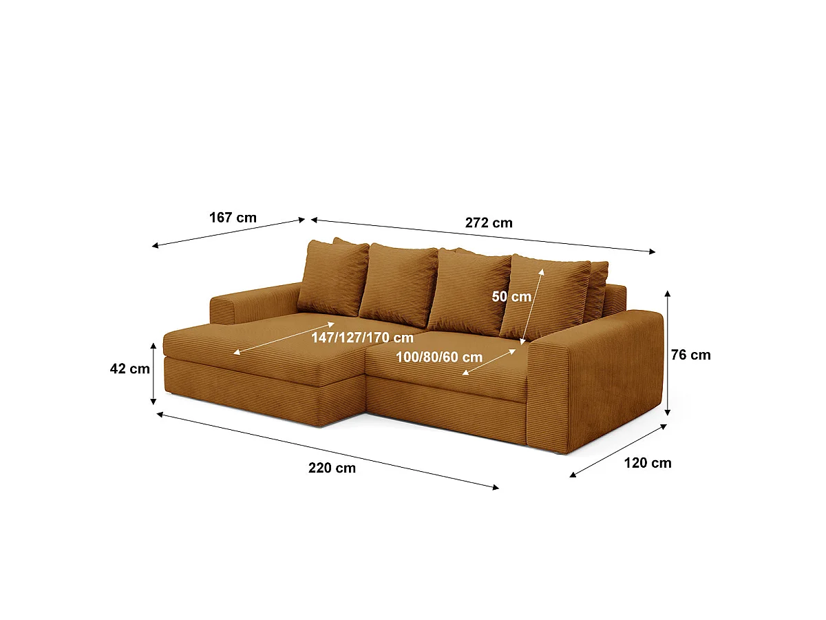 Canapé d'angle gauche convertible 3 places avec coffre en tissu jaune moutarde PAOLA