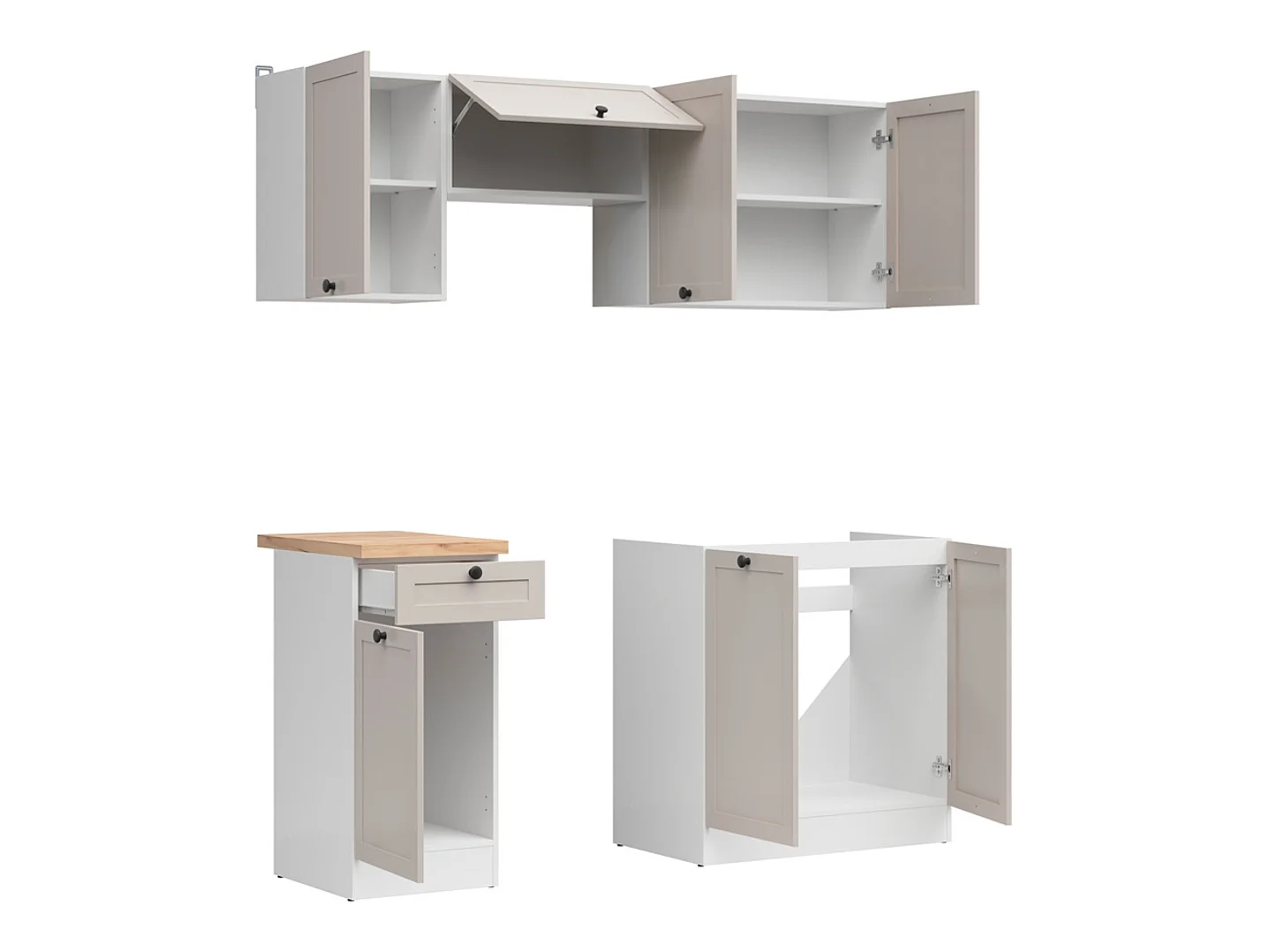 Cuisine complète 180 cm,Ensemble de meuble de cuisine coloris blanc/uni cachemire, plan de travail coloris Chêne doré inclus
