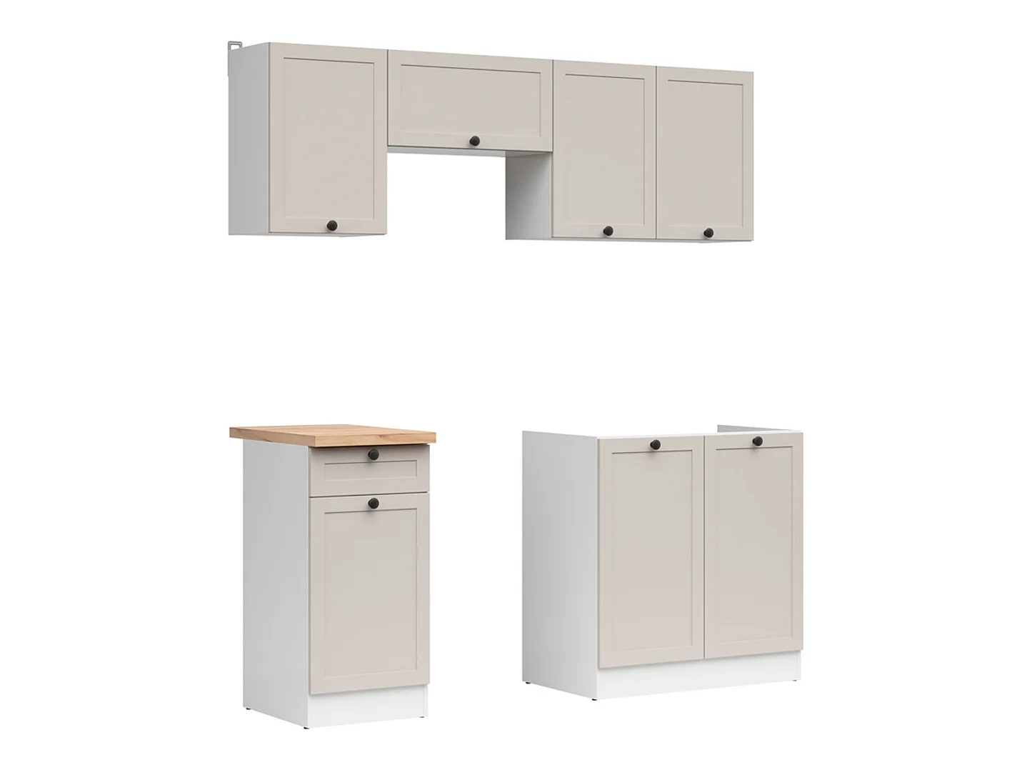 Cuisine complète 180 cm,Ensemble de meuble de cuisine coloris blanc/uni cachemire, plan de travail coloris Chêne doré inclus