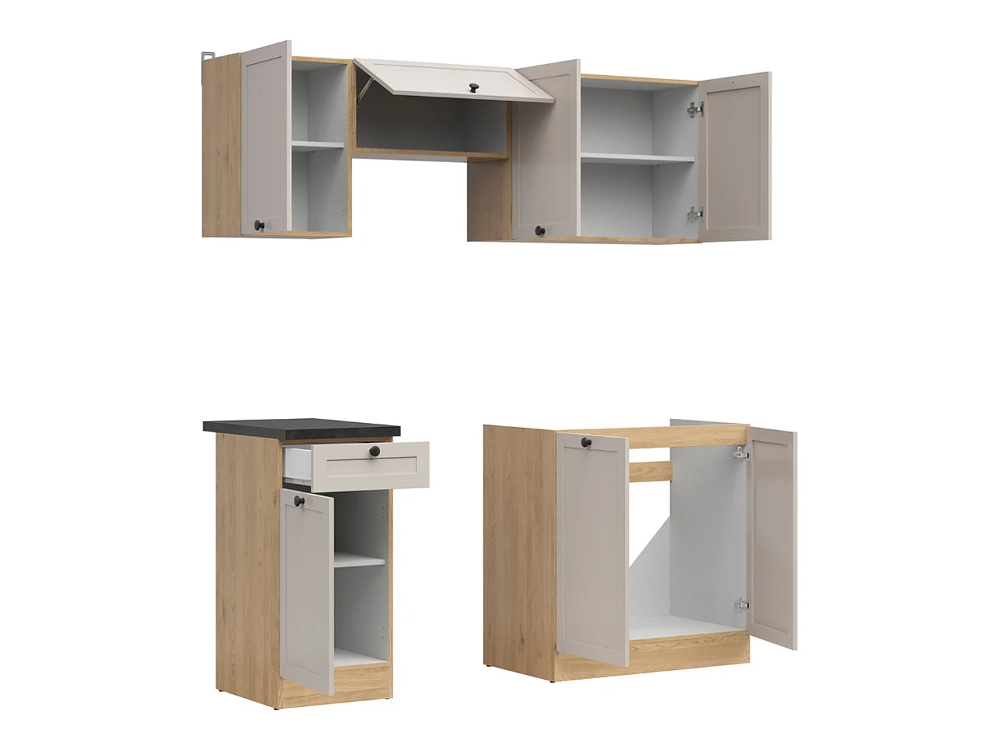 Cuisine complète 180 cm,Ensemble de meuble de cuisine coloris chêne Bernstein/Uni cachemire, plan de travail coloris noir inclus