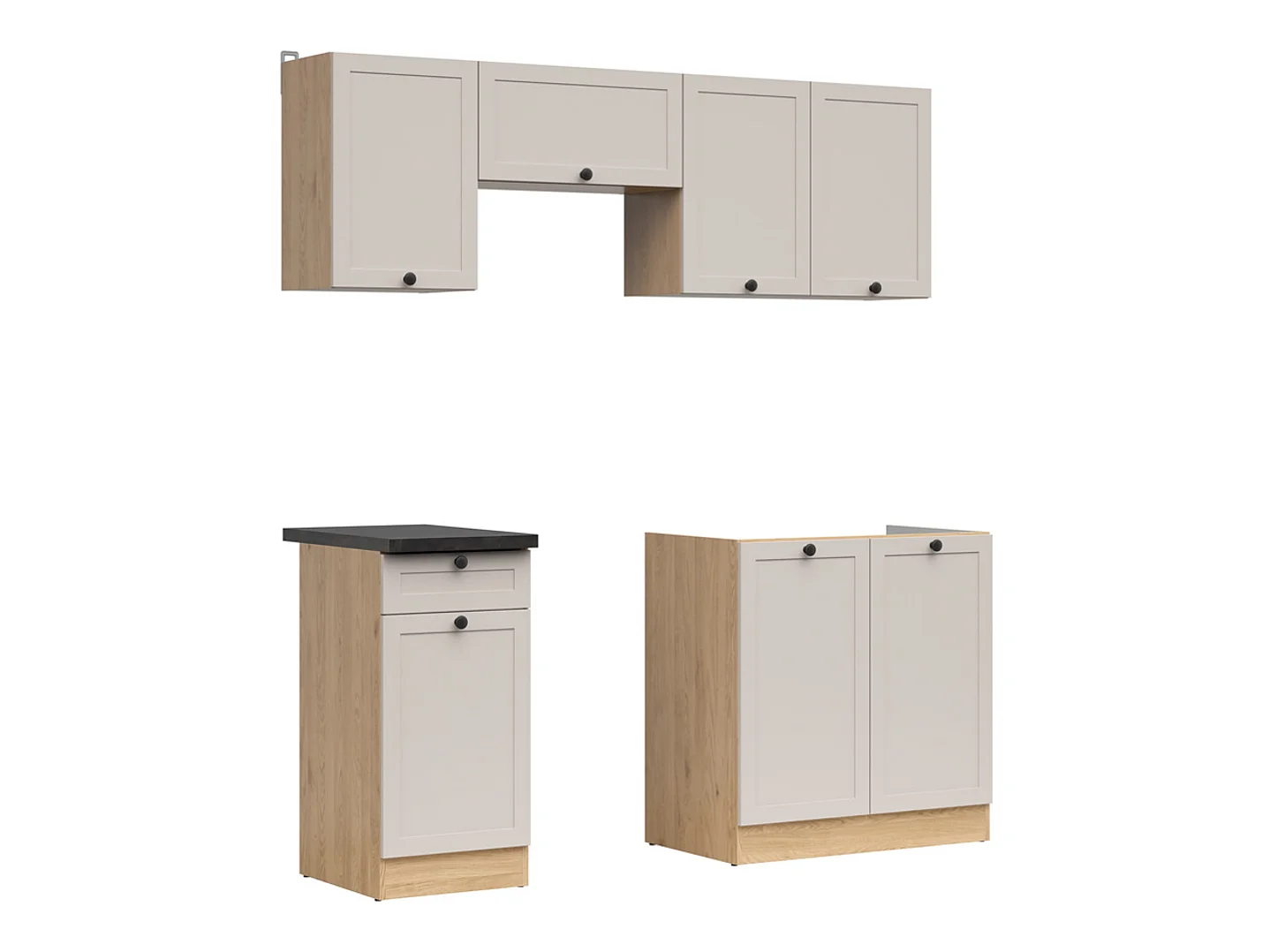Cuisine complète 180 cm,Ensemble de meuble de cuisine coloris chêne Bernstein/Uni cachemire, plan de travail coloris noir inclus