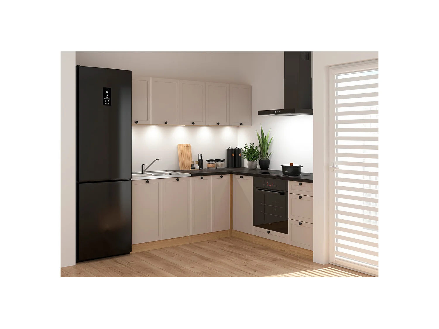 Cuisine d'angle complète 200x200 cm, Meubles de cuisine modulables coloris chêne Bernstein/Uni cachemire, plan de travail non inclus