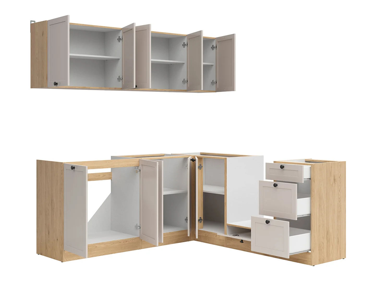 Cuisine d'angle complète 200x200 cm, Meubles de cuisine modulables coloris chêne Bernstein/Uni cachemire, plan de travail non inclus