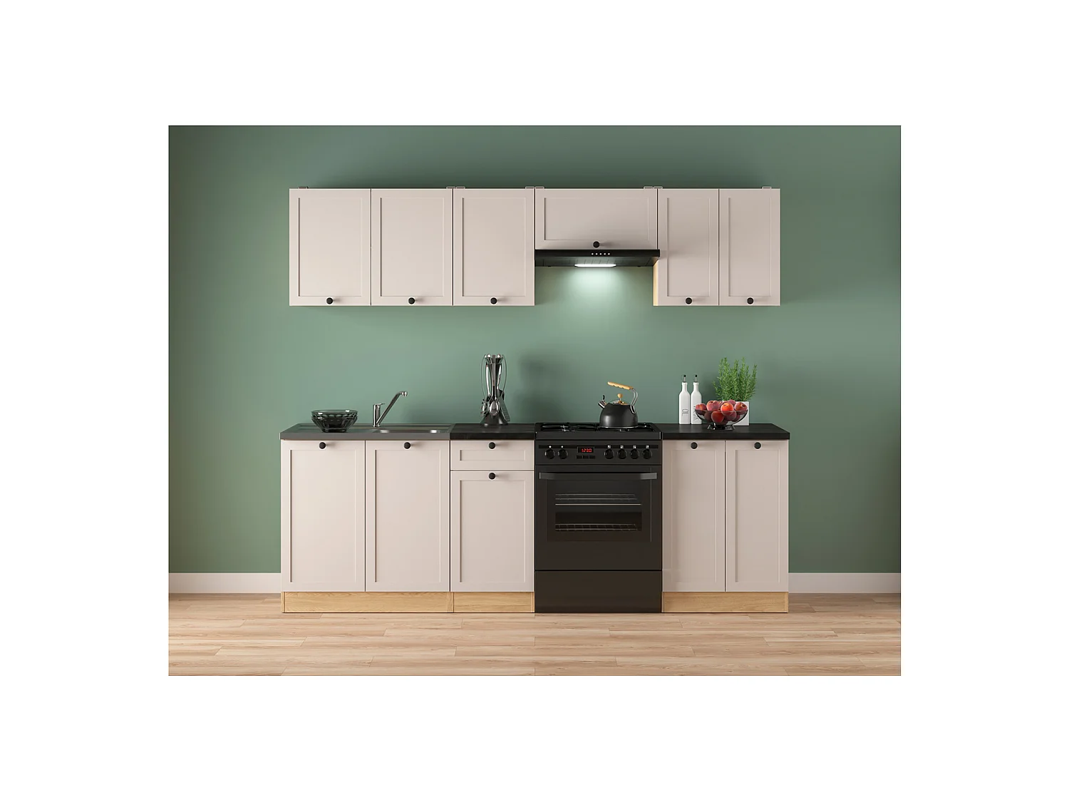 Cuisine complète 240 cm,Ensemble de meuble de cuisine coloris chêne Bernstein/cachemire, plan de travail coloris noir inclus