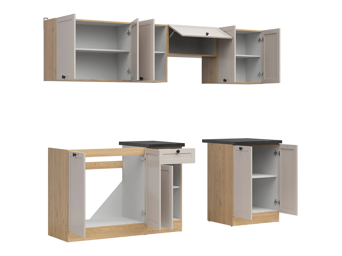 Cuisine complète 240 cm,Ensemble de meuble de cuisine coloris chêne Bernstein/cachemire, plan de travail coloris noir inclus