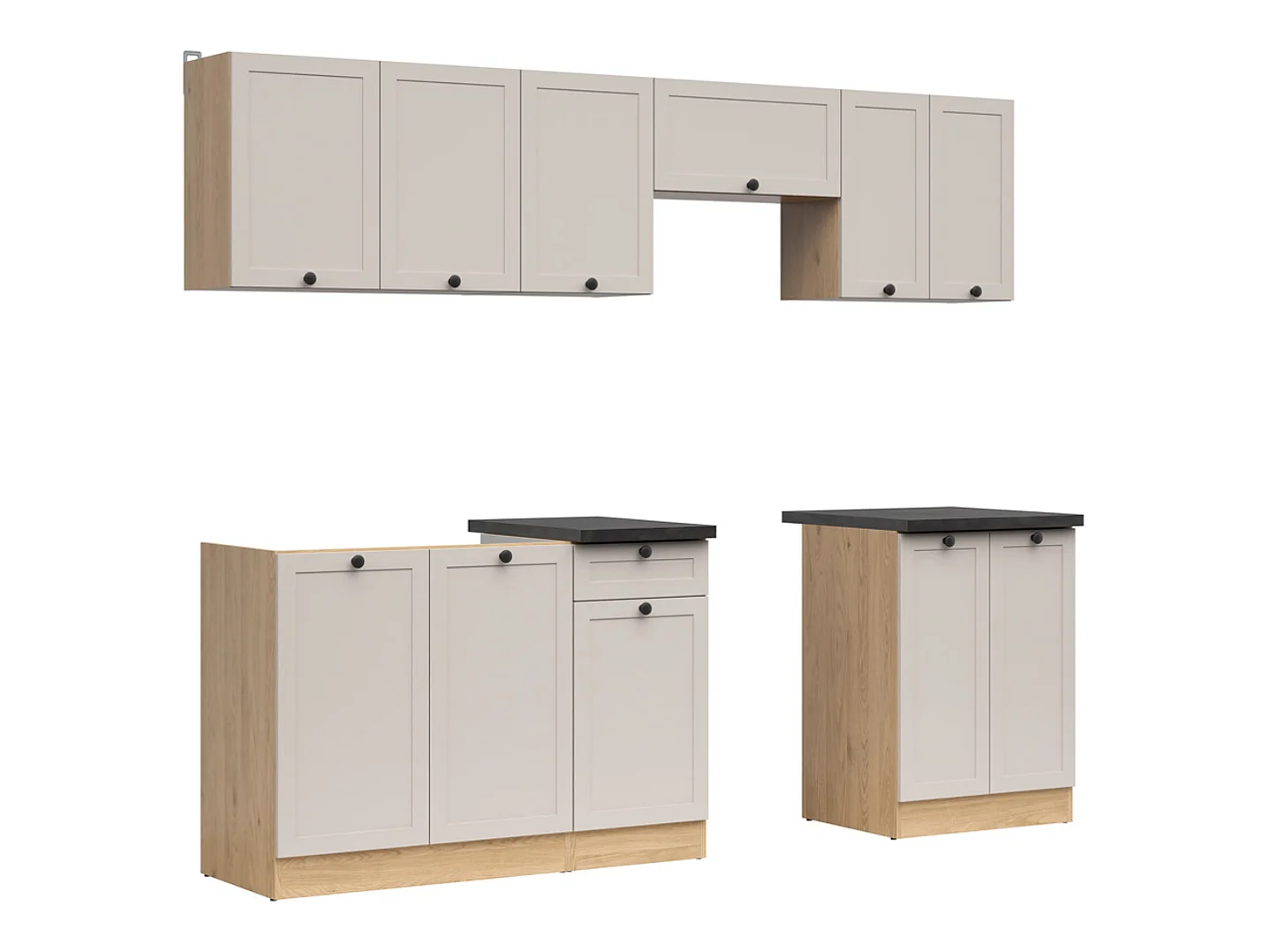 Cuisine complète 240 cm,Ensemble de meuble de cuisine coloris chêne Bernstein/cachemire, plan de travail coloris noir inclus