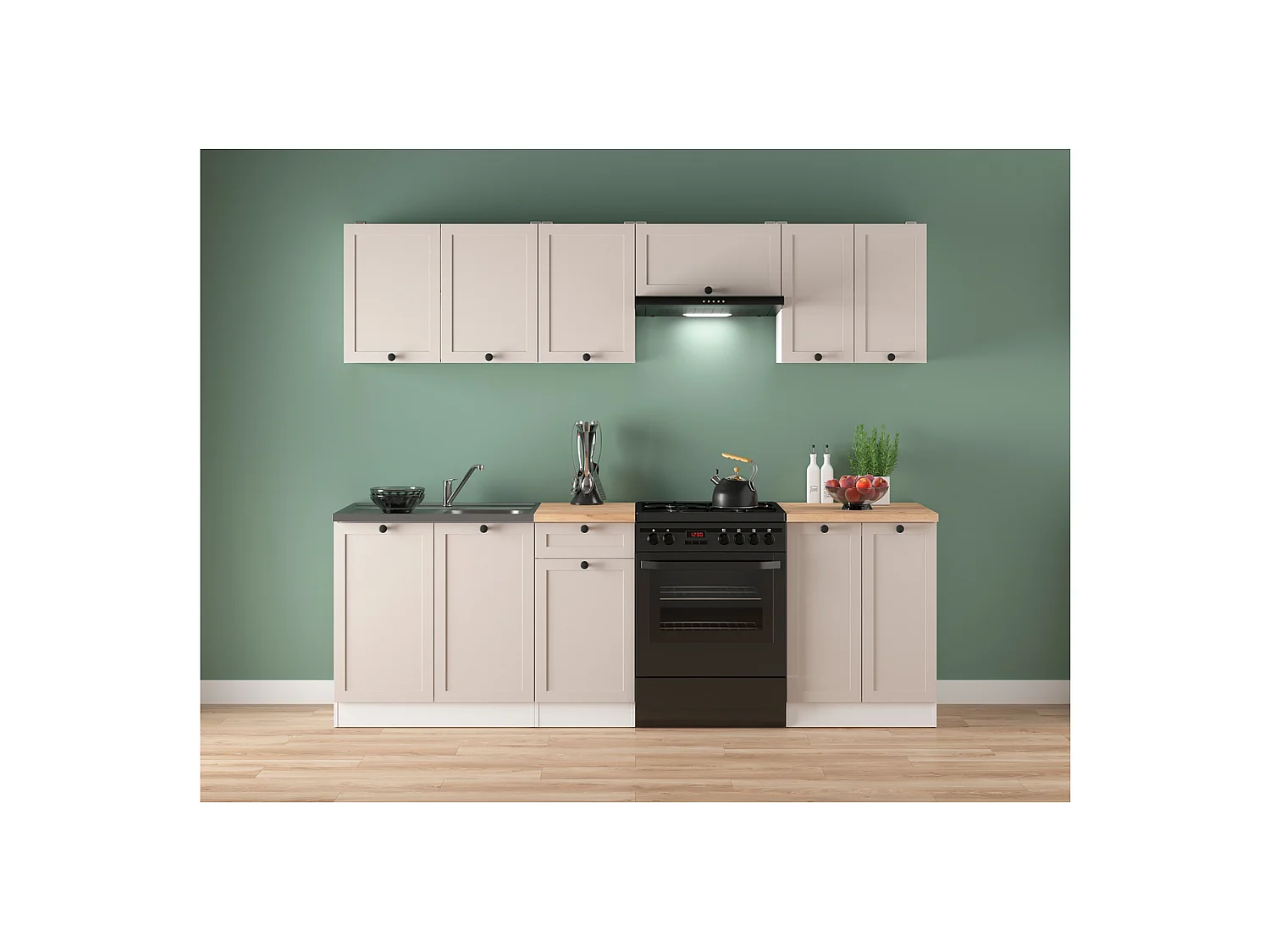 Cuisine complète 240 cm,Ensemble de meuble de cuisine finition blanc/uni cachemire, sans plan de travail