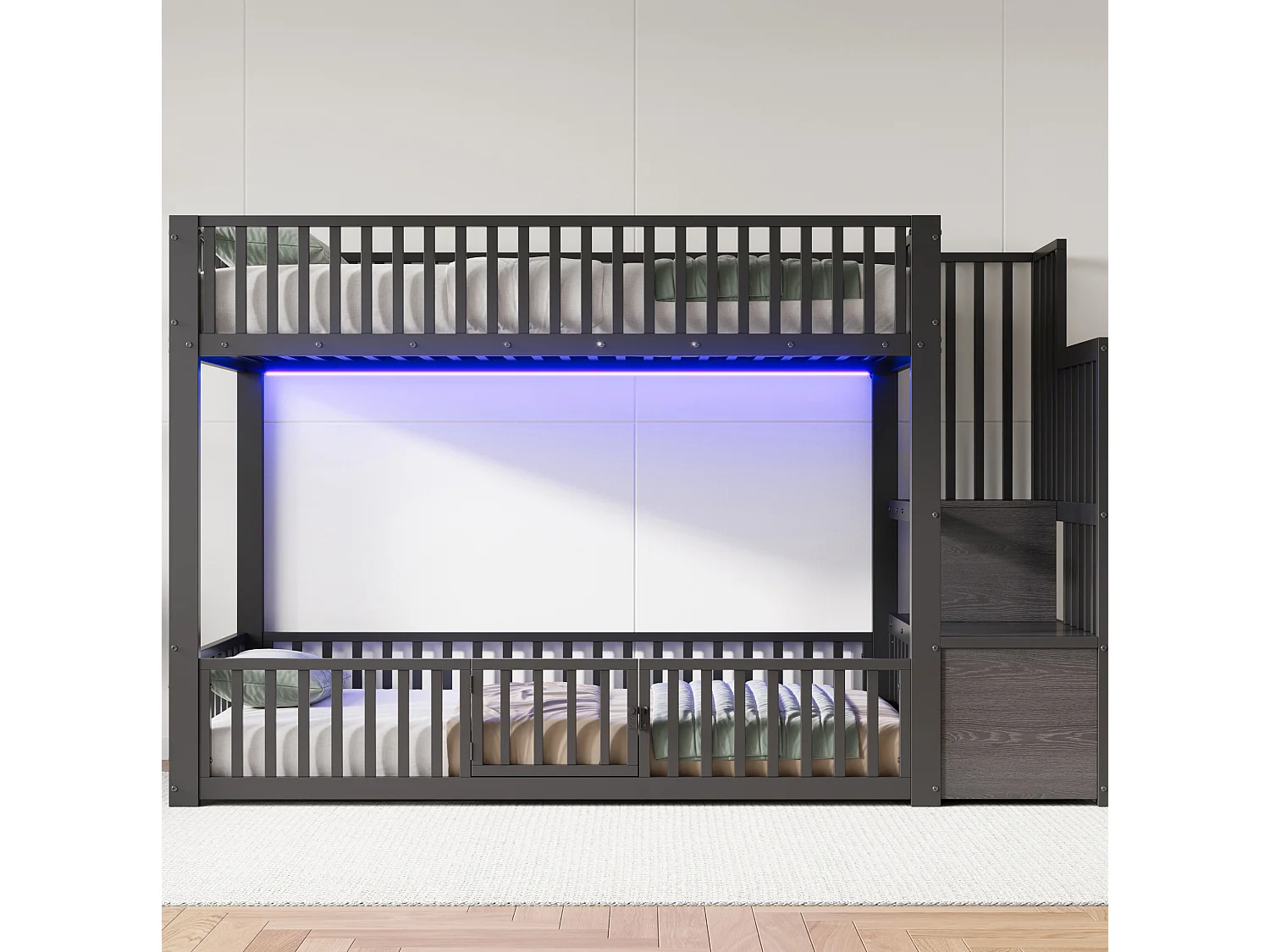 Litera de 90x200 cm con iluminación LED y escalera con almacenamiento, en metal, color negro, colchón no incluido