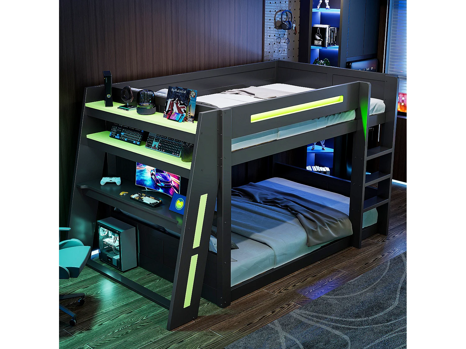 Lit superposé 140x200 cm avec bureau, rangements, ports USB et LED, en bois, noir, sans matelas