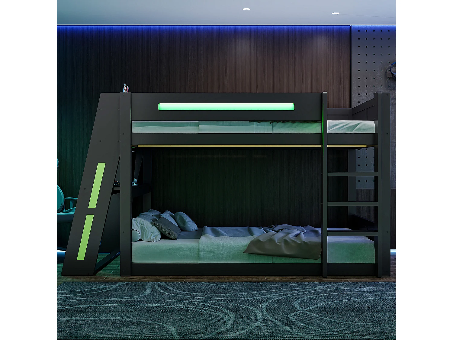 Lit superposé 140x200 cm avec bureau, rangements, ports USB et LED, en bois, noir, sans matelas