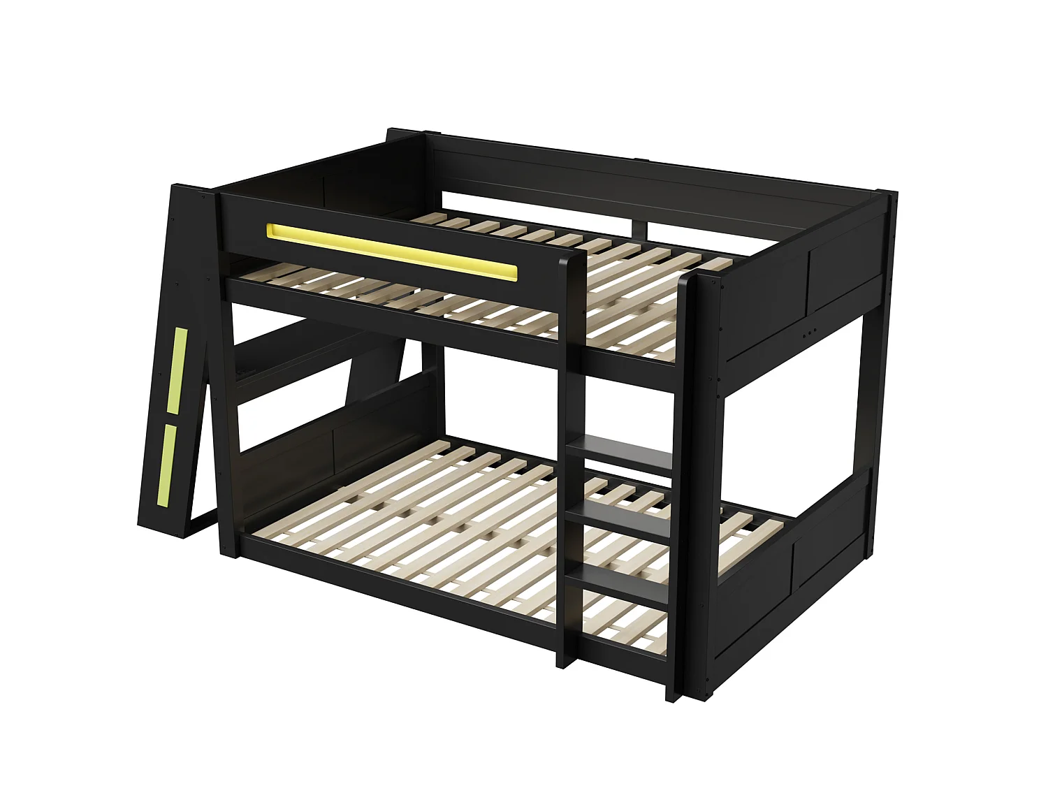 Lit superposé 140x200 cm avec bureau, rangements, ports USB et LED, en bois, noir, sans matelas
