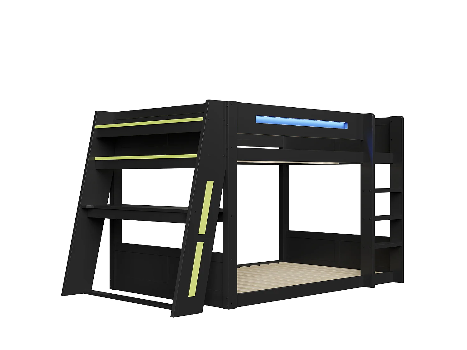 Lit superposé 140x200 cm avec bureau, rangements, ports USB et LED, en bois, noir, sans matelas