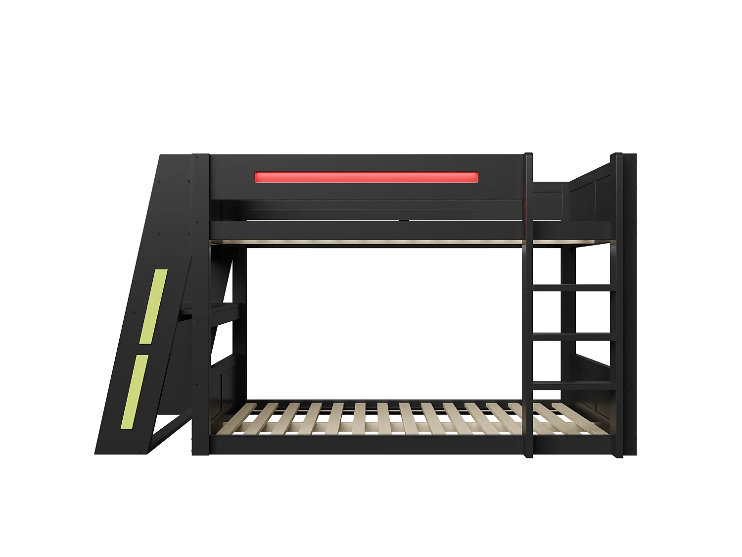 Lit superposé 140x200 cm avec bureau, rangements, ports USB et LED, en bois, noir, sans matelas