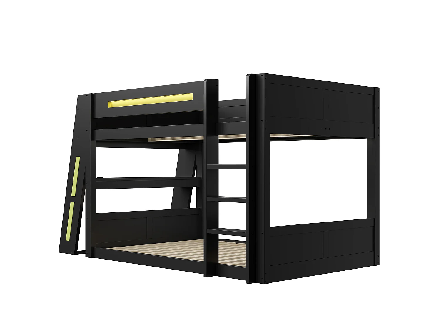 Lit superposé 140x200 cm avec bureau, rangements, ports USB et LED, en bois, noir, sans matelas