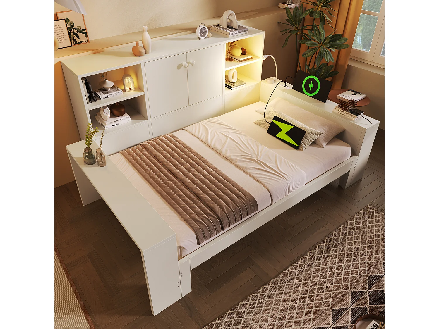 Cama nido de 90x200 cm con cama supletoria, compartimento de almacenamiento y puertos USB, madera blanca, colchón no incluido