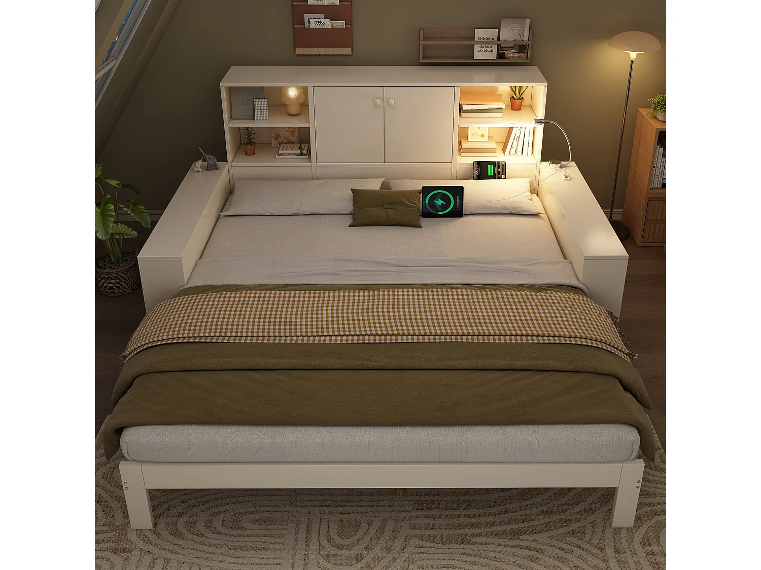 Cama nido de 90x200 cm con cama supletoria, compartimento de almacenamiento y puertos USB, madera blanca, colchón no incluido