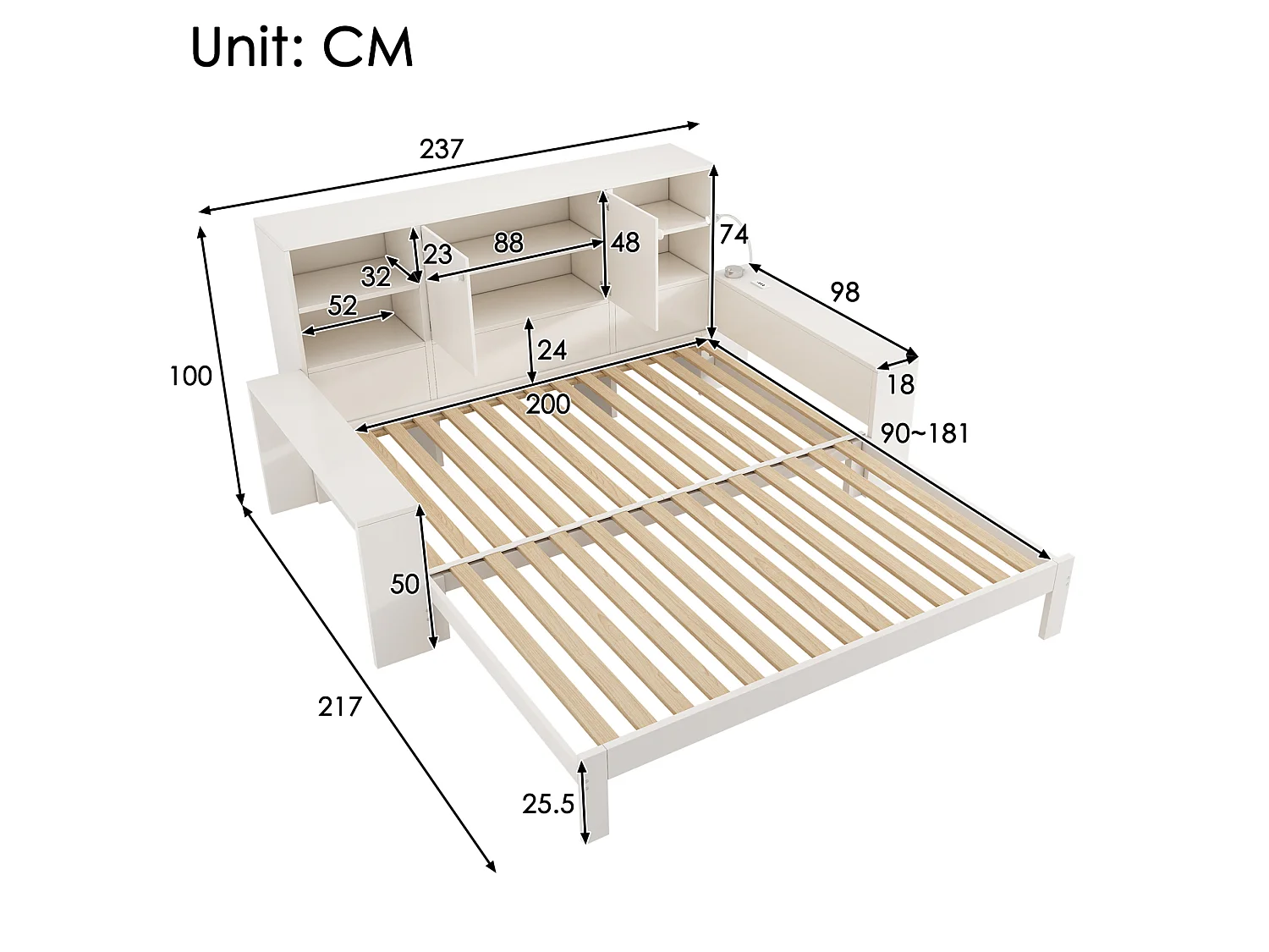 Cama nido de 90x200 cm con cama supletoria, compartimento de almacenamiento y puertos USB, madera blanca, colchón no incluido