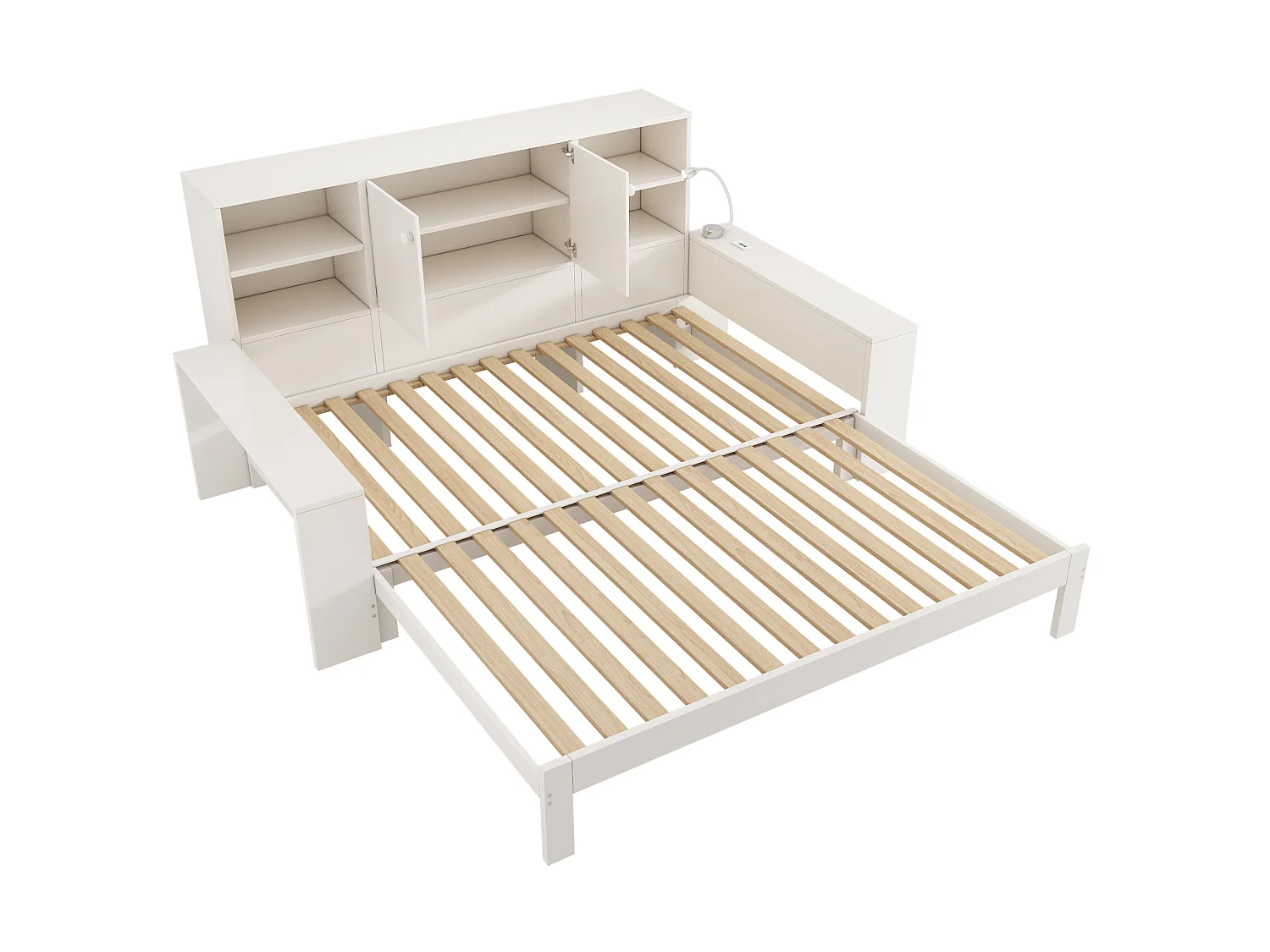 Cama nido de 90x200 cm con cama supletoria, compartimento de almacenamiento y puertos USB, madera blanca, colchón no incluido