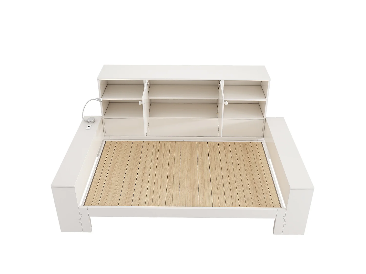 Cama nido de 90x200 cm con cama supletoria, compartimento de almacenamiento y puertos USB, madera blanca, colchón no incluido