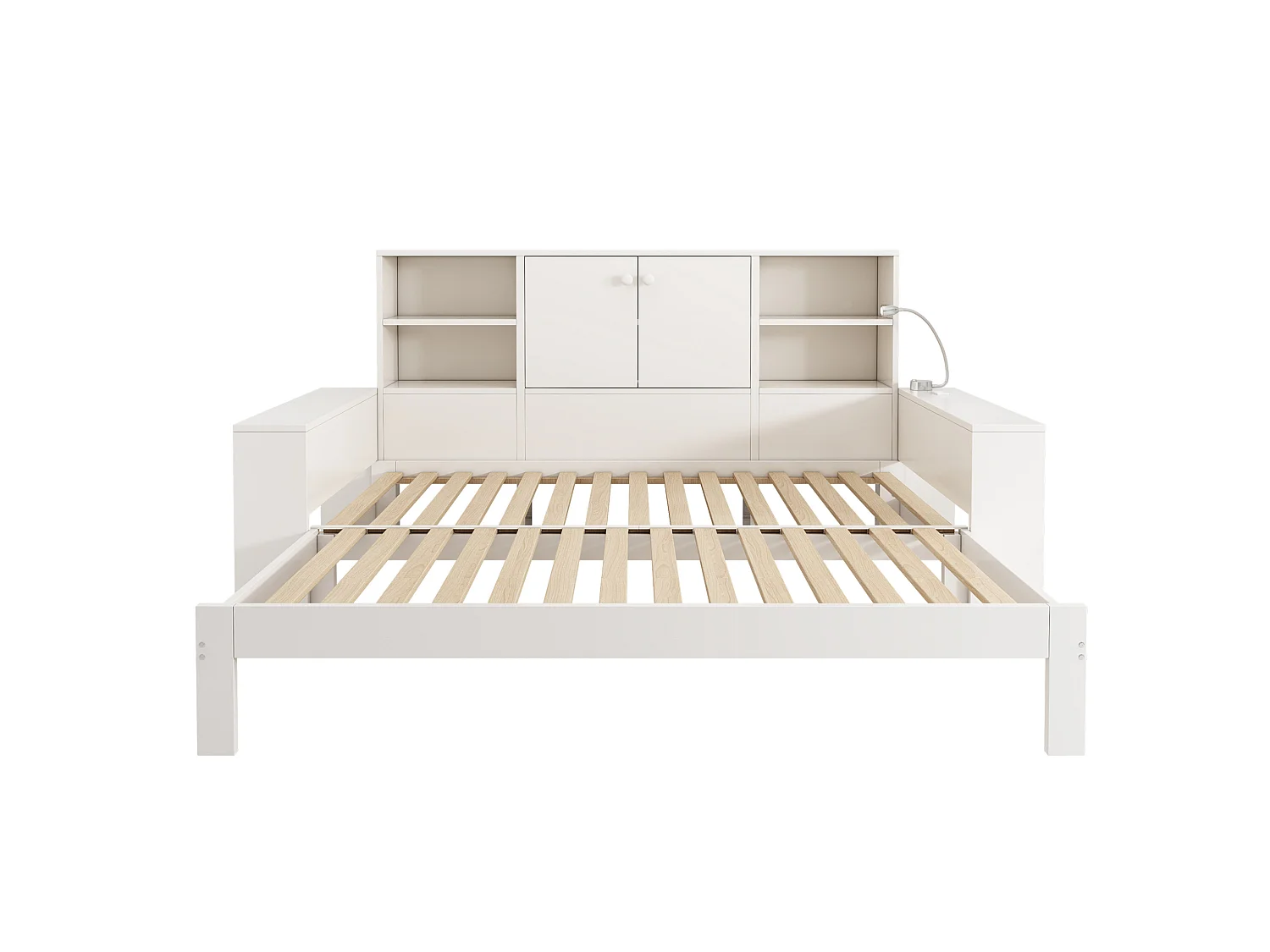 Cama nido de 90x200 cm con cama supletoria, compartimento de almacenamiento y puertos USB, madera blanca, colchón no incluido