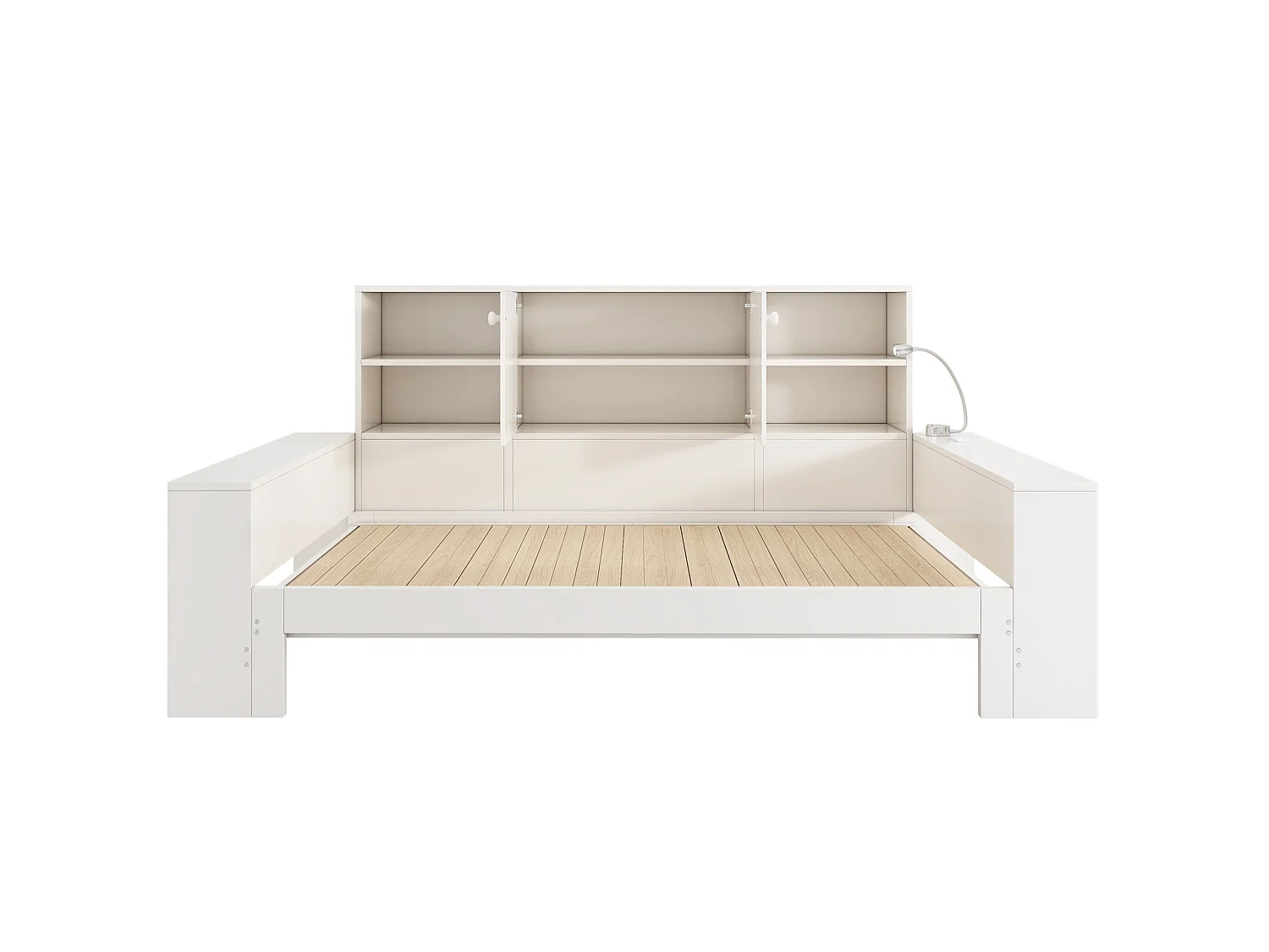 Cama nido de 90x200 cm con cama supletoria, compartimento de almacenamiento y puertos USB, madera blanca, colchón no incluido