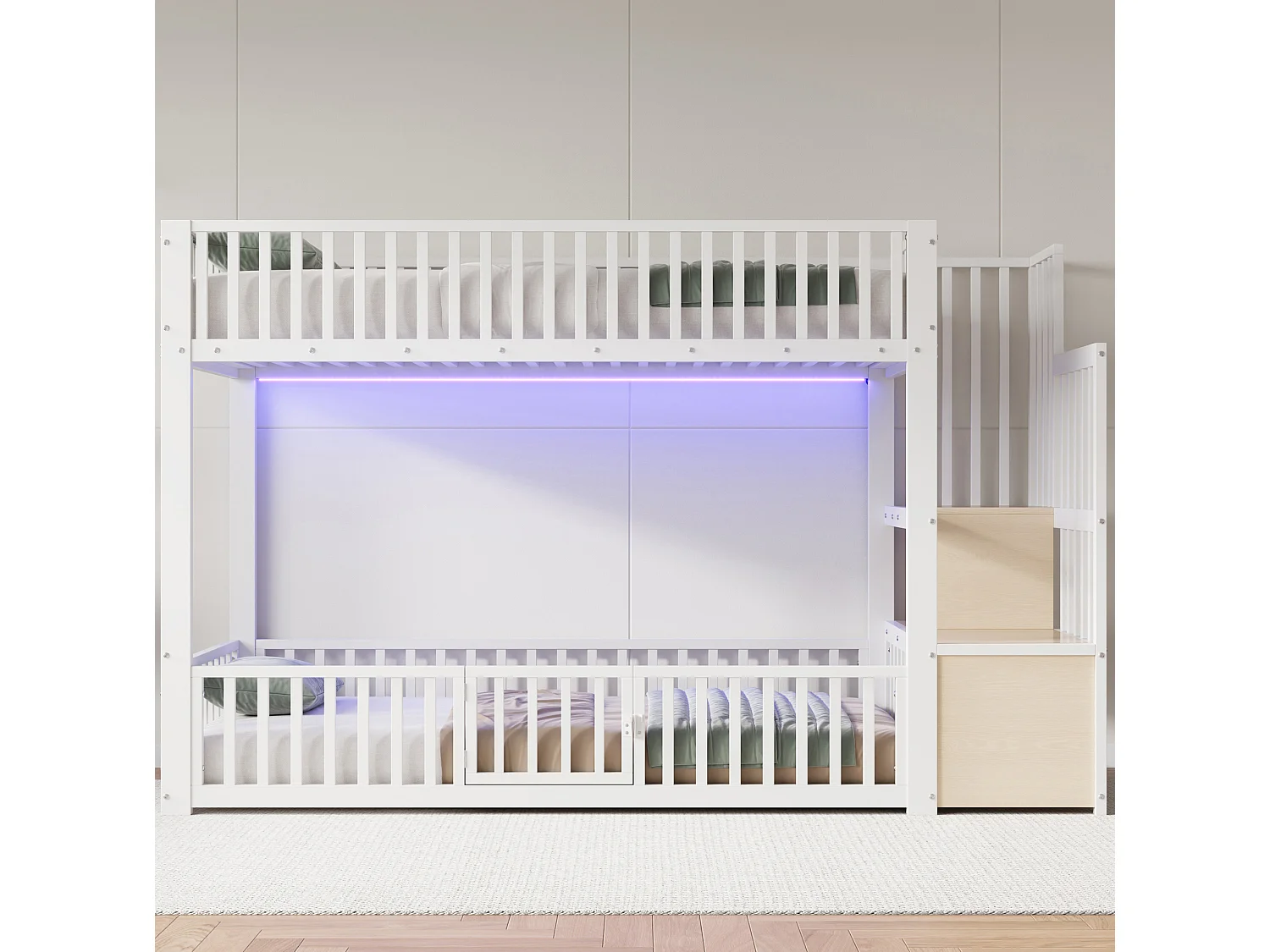 Litera de 90x200 cm con LED y escalera con almacenamiento, en metal, blanca, colchón no incluido