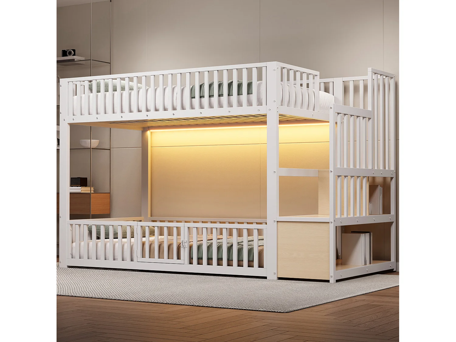 Litera de 90x200 cm con LED y escalera con almacenamiento, en metal, blanca, colchón no incluido
