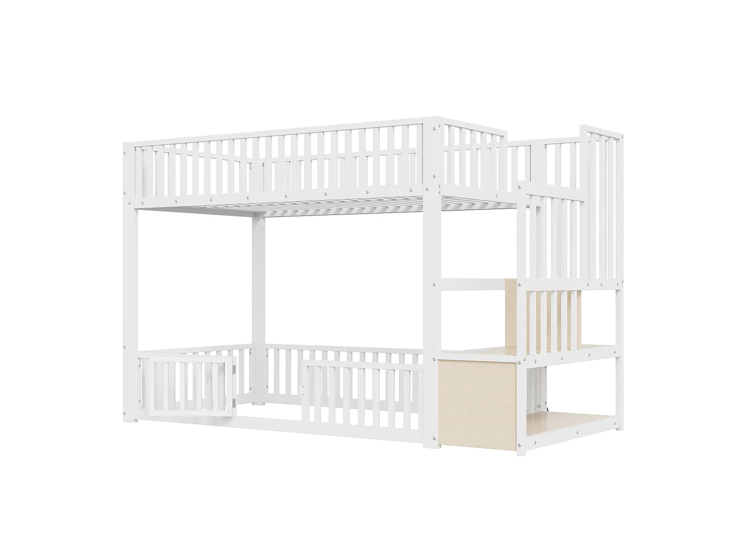 Litera de 90x200 cm con LED y escalera con almacenamiento, en metal, blanca, colchón no incluido