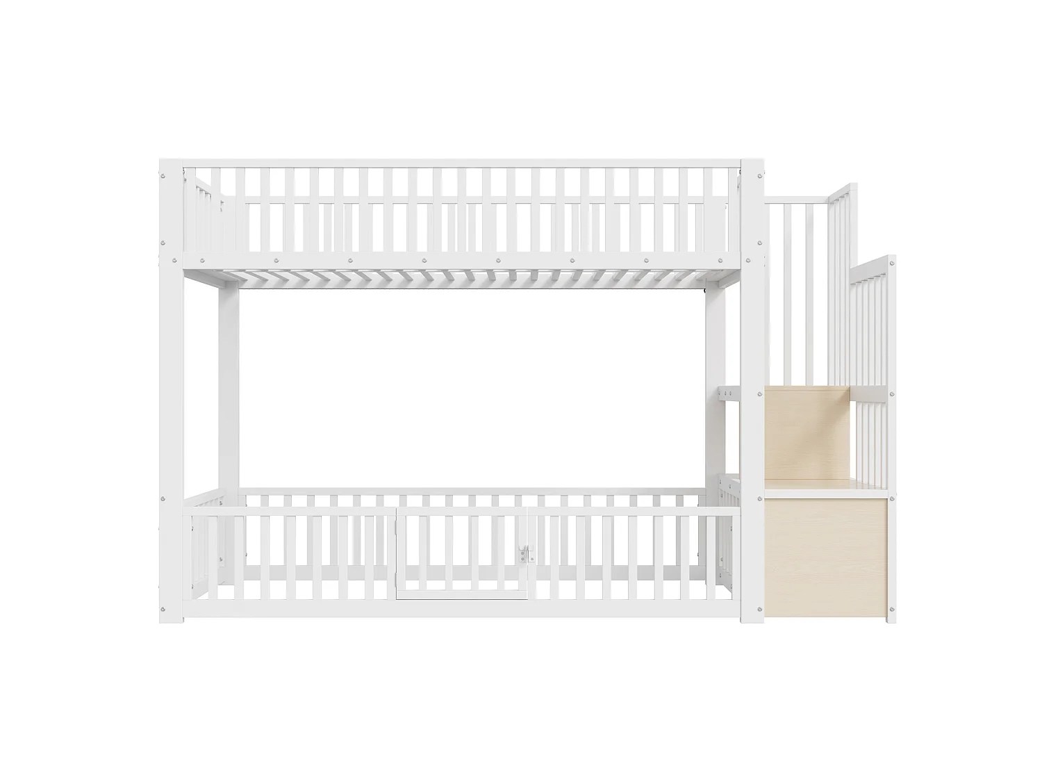 Litera de 90x200 cm con LED y escalera con almacenamiento, en metal, blanca, colchón no incluido