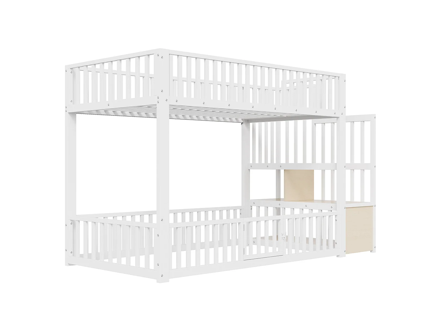 Litera de 90x200 cm con LED y escalera con almacenamiento, en metal, blanca, colchón no incluido