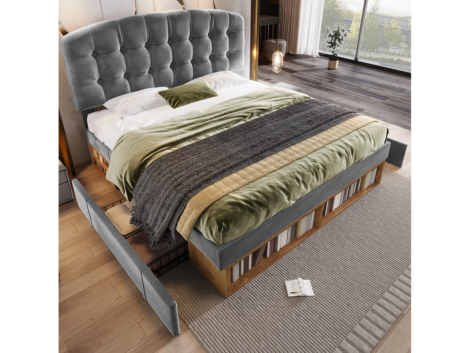 Lit adulte 140x200 cm avec tiroirs et rangements, tête de lit réglable, en velours, gris, sans matelas