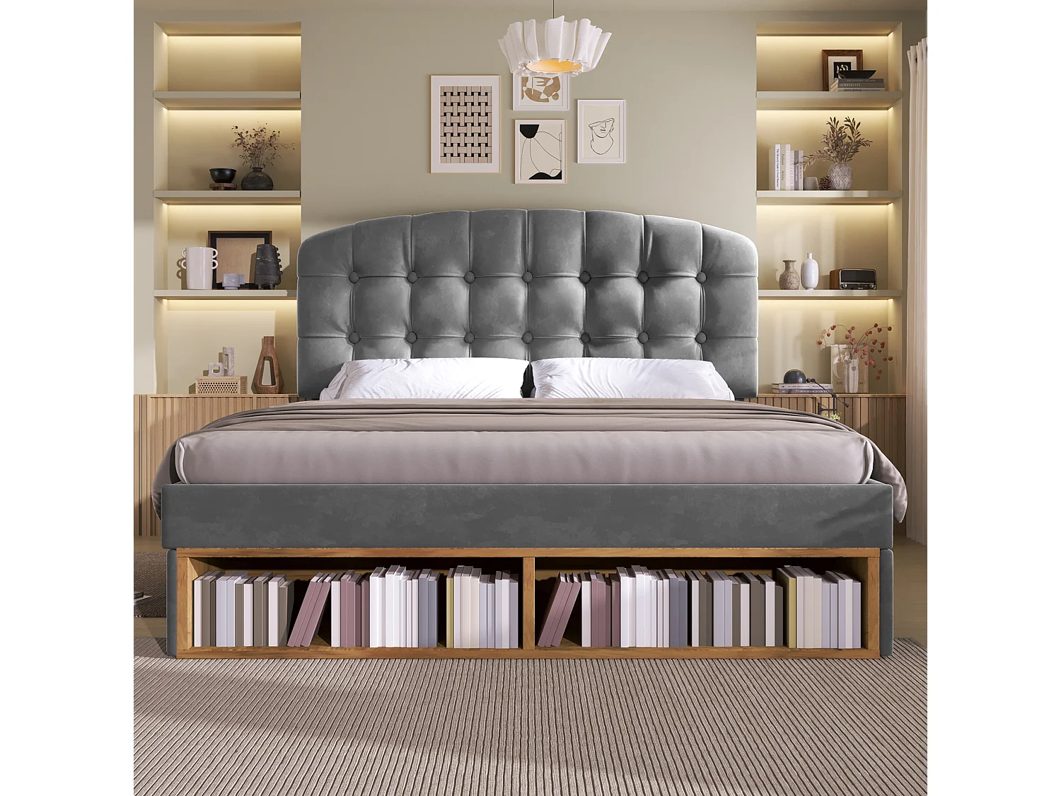 Lit adulte 140x200 cm avec tiroirs et rangements, tête de lit réglable, en velours, gris, sans matelas