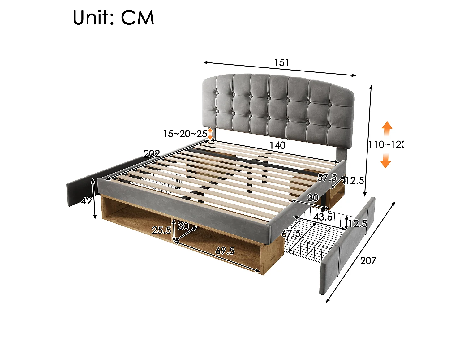 Lit adulte 140x200 cm avec tiroirs et rangements, tête de lit réglable, en velours, gris, sans matelas