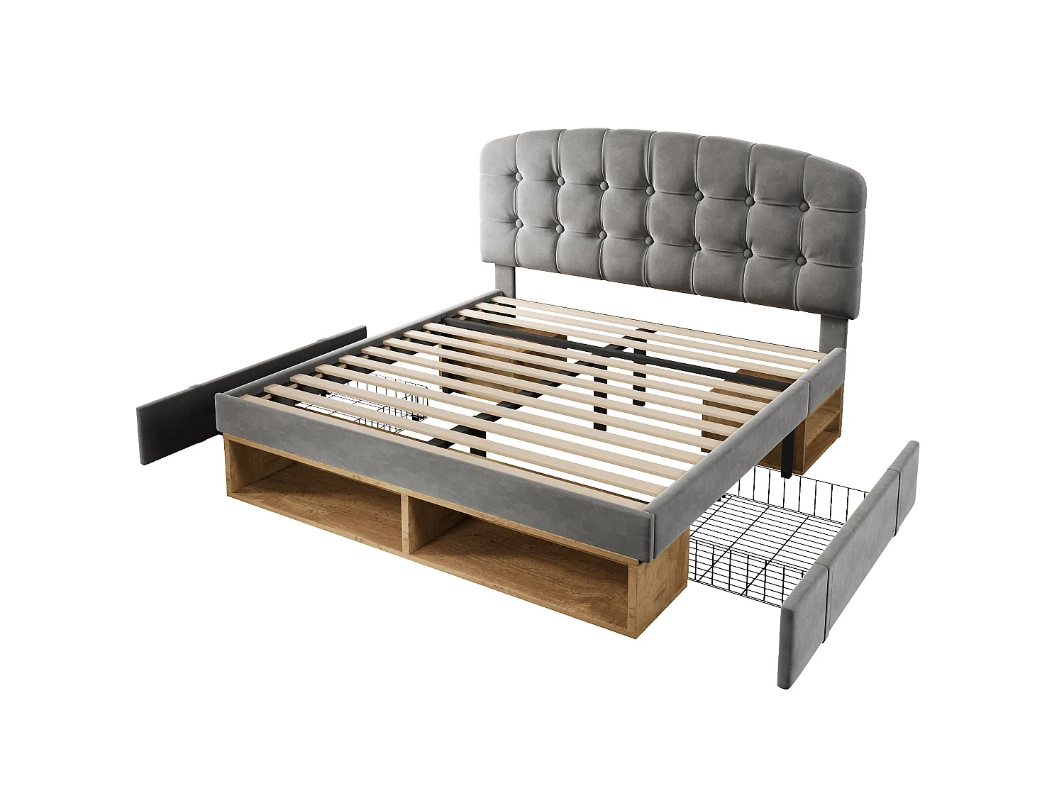 Lit adulte 140x200 cm avec tiroirs et rangements, tête de lit réglable, en velours, gris, sans matelas
